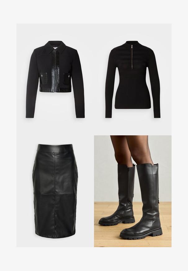 Morgan VARIN - Veste légère - noir; Pull polo noir à manches longues avec demi-fermeture éclair, présentant des motifs de rayures horizontales et une texture côtelée aux poignets et à l'ourlet.; Jupe en cuir noir avec une texture lisse, présentant une taille haute et des coutures piquées qui créent une silhouette structurée et discrète.; Bottes noires montantes en cuir lisse avec une semelle en caoutchouc épaisse, dotées de zips latéraux et d'un design simple. Talon plat.