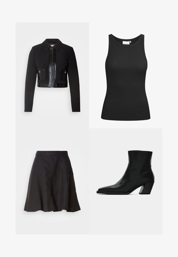 Morgan VARIN - Veste légère - noir; Débardeur noir en tissu côtelé, avec un décolleté en forme de rond et une coupe ajustée. Coutures plates et sans ornements. Design simple et épuré.; Jupe en lin noire avec un design évasé, dotée d'une taille et de coutures. Le tissu a une texture légèrement texturée et arrive à hauteur du genou.; Bottine en cuir noir avec un bout pointu, une silhouette élégante et un talon carré massif. Texture lisse avec des détails de couture minimalistes.