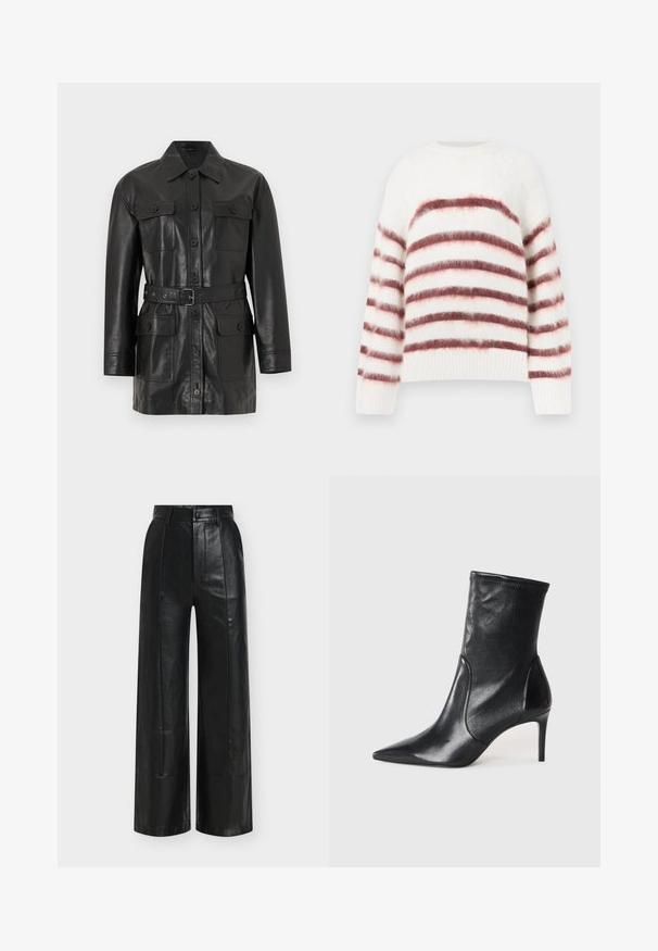 Veste longue en cuir noir à manches longues avec fermeture à boutons, quatre poches à rabat boutonnées et une ceinture assortie à la taille.; Pull blanc avec des rayures horizontales rouges et roses, fabriqué à partir d'un matériau doux et texturé. Il présente un col rond et des poignets côtelés.; Pantalon noir à jambes larges en cuir lisse, doté d'une taille haute, de plis subtils, et d'une fermeture classique à boutons et zip.; Bottes noires à la cheville en cuir lisse, dotées d'un bout pointu, d'un tige ajustée et d'un talon haut fin. Design minimaliste sans quincaillerie visible.