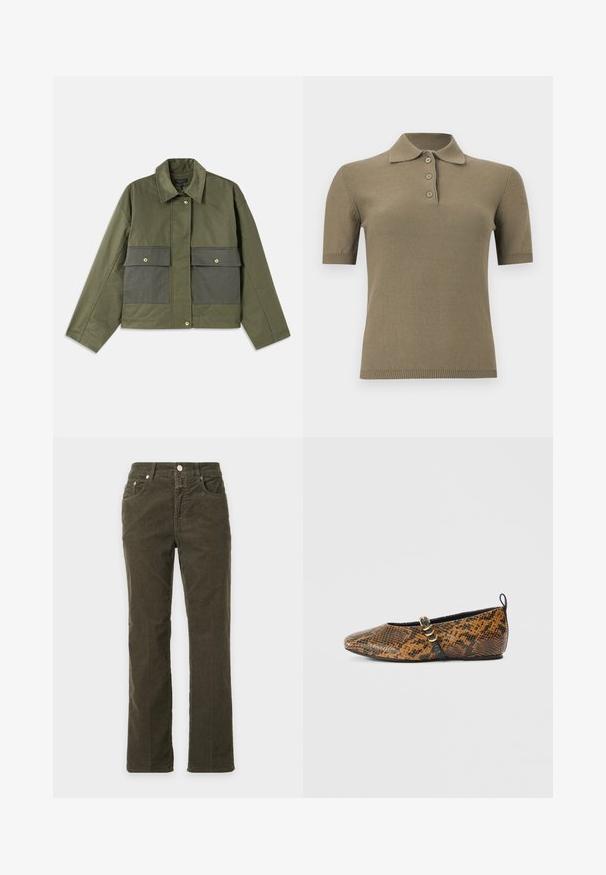 Veste olive en coton avec col, fermeture à boutons et deux grandes poches avant avec rabats.; Polo en maille vert olive à manches courtes avec col et trois boutons sur un fond blanc uni.; Pantalon droit en velours côtelé vert olive foncé avec poches avant et fermeture par bouton, présenté sur un fond gris clair.; Ballerine en simili motif peau de serpent avec des nuances de brun et de noir. Dotée d'une bride noire et d’un détail en métal doré. Texture lisse.