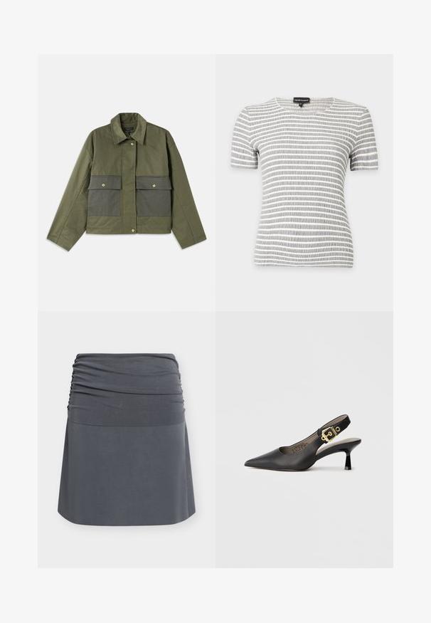Veste olive en coton avec col, fermeture à boutons et deux grandes poches avant avec rabats.; Chemise à manches courtes rayée horizontale grise et blanche avec un col rond et un tissu texturé sur un fond uni.; Jupe gris foncé avec une ceinture froncée et un tissu lisse en ligne A en dessous, présentée sur un fond blanc.; Chaussure à talon haut noire à bride arrière, avec un bout pointu, une texture en cuir lisse et une accent de boucle dorée sur la bride.