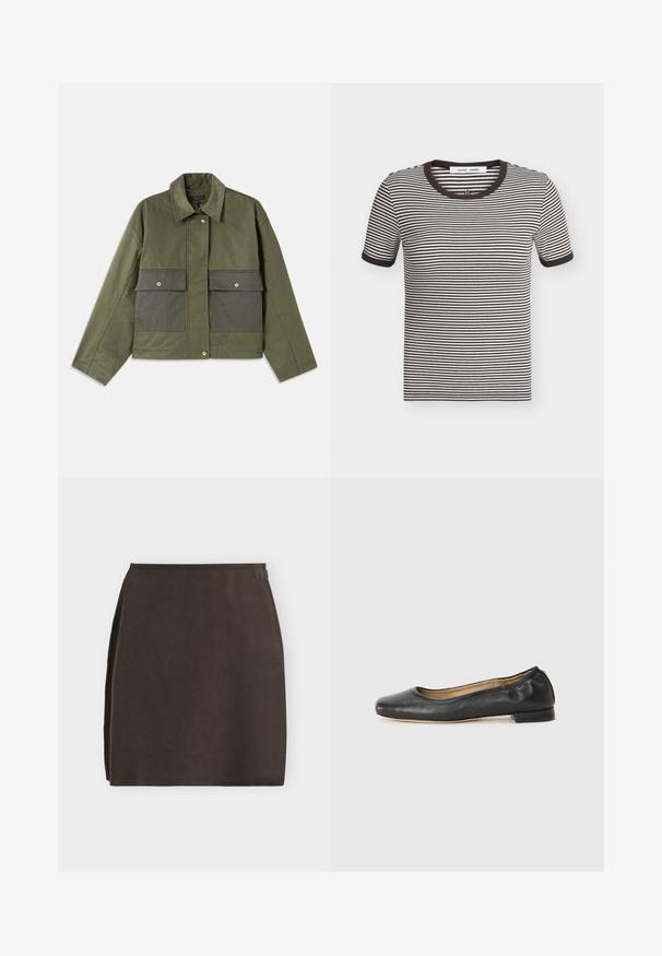 Veste olive en coton avec col, fermeture à boutons et deux grandes poches avant avec rabats.; T-shirt à manches courtes rayé noir et blanc horizontal avec col et poignets côtelés noirs, posé à plat sur un fond clair.; Jupe trapèze marron foncé longueur genou avec texture lisse et fermeture éclair latérale sur fond clair uni.; Ballerines en cuir noir avec un bout arrondi et des coutures minimales. Talon bas et rectangulaire avec une texture lisse. Détails subtils de doublure intérieure.