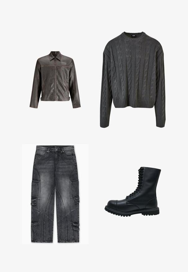 Brun læderjakke med krave, front lynlås og to sidelommer. Har kontrastsyninger og "DON'T HARD" broderi på brystet.; Cable-strikket pullover i mørkegrå med rund halsudskæring, drop-skulder og ribbet bund. Har teksturerede mønstre overalt.; Cargo-jeans i falmet mørkegrå denim med sidelommer, unikke syningsmønstre, tilspidsede ben og accenter i metal.; Sort læder snørebåndsstøvle med rund tå, høj skaft, tyk gummisål og struktureret overflade. Har forstærket syning langs sømmene.
