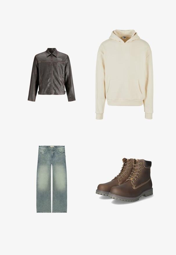 Bruine leren jas met een kraag, voorkant rits en twee zijzakken. Heeft contrasterende stiksels en 'DON'T HARD' borduring op de borst.; Crème-kleurige hoodie met een voorzak, geribbelde manchetten en een geribbelde zoom. Gemaakt van zachte stof met een gladde textuur. Casual, relaxed fit.; Lichtblauwe jeans met een wijd ben ontwerp, met een vervaagde wassing en subtiele wassing details, gemaakt van denim materiaal. Vijf-pocket styling.; Bruine leren enkellaarsjes met veters, een geveerd kraagje, contrasterende stiksels en een robuuste rubberen zool met grippatronen.
