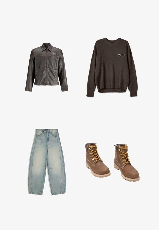 Brun læderjakke med krave, front lynlås og to sidelommer. Har kontrastsyninger og "DON'T HARD" broderi på brystet.; Mørkebrunt fuzzy striktrøje med lange ærmer og "pegador" logo broderet på venstre bryst.; Lyseblå vidde jeans i vasket denim med for- og baglommer, knaplukning og subtilt falmede detaljer på lår og knæ.; Brune læderarbejds støvler med gule snørebånd, polstret krave, robust sål og kontrasterende syninger. Forstærket tå og logo detalje på tungen.