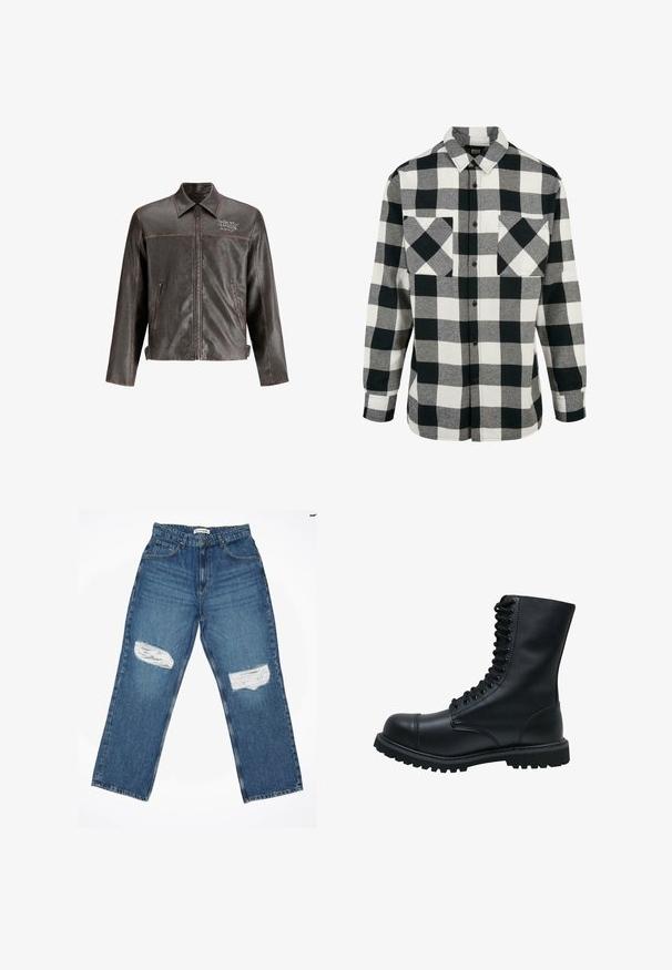Braune Lederjacke mit Kragen, Frontreißverschluss und zwei seitlichen Taschen. Mit Kontrastnähten und "DON'T HARD"-Stickerei auf der Brust.; Schwarz-weiße Flanellhemd mit großem Karomuster, langen Ärmeln, Knopfleiste und zwei Brusttaschen. Aus weichem Stoff gefertigt.; Hellblaue Denim-Jeans mit geradem Bein, ausgestattet mit zwei aufgerauhten Knie-Patches und klassischem Fünf-Taschen-Design.; Schwarze Leder Schnürstiefel mit runder Zehenkappe, hohem Schaft, dicker Gummisohle und texturierter Oberfläche. Enthält verstärkte Nähte entlang der Nähte.