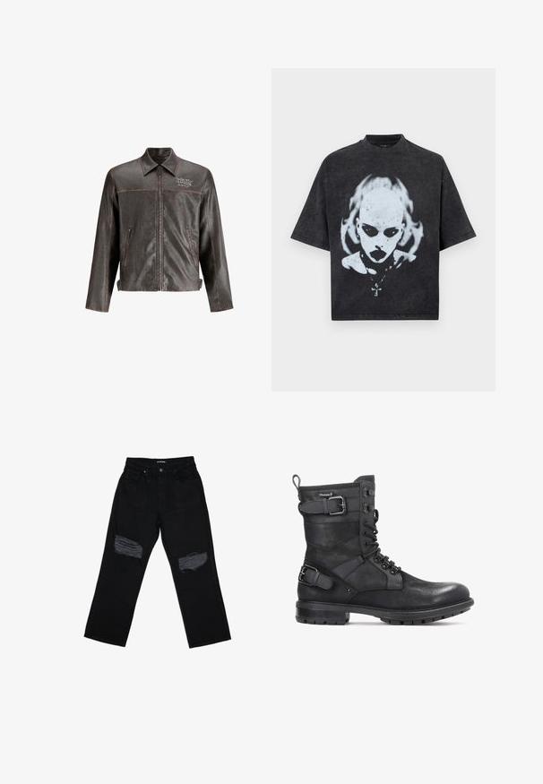 Brun læderjakke med krave, front lynlås og to sidelommer. Har kontrastsyninger og "DON'T HARD" broderi på brystet.; Sort oversized T-shirt med en hvid grafik af en skaldet person med mørke øjne, læbestift, piercinger og en halskæde med et korsvedhæng.; Sorte denimjeans med afslappet pasform, der har to slidte pletter på knæene. Stoffet har en glat tekstur og minimal falmning.; Kazar HEARD - Cowboy- / bikerstøvlette - black
