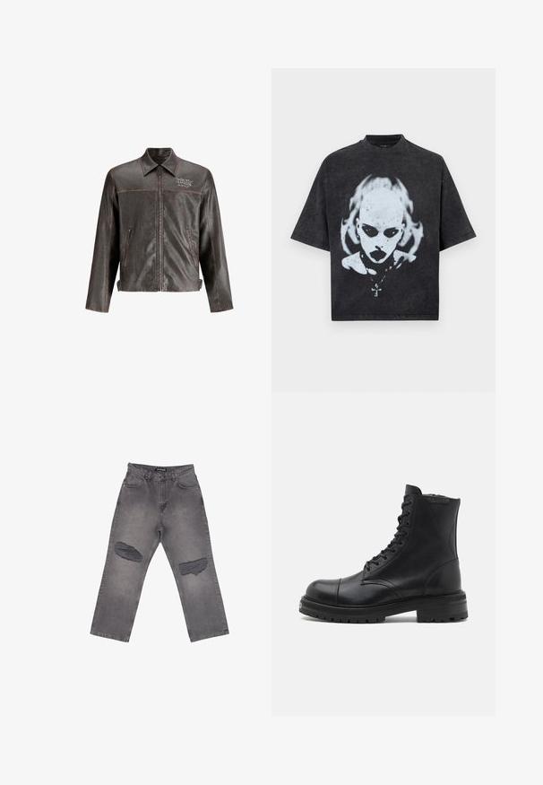 Brun læderjakke med krave, front lynlås og to sidelommer. Har kontrastsyninger og "DON'T HARD" broderi på brystet.; Sort oversized T-shirt med en hvid grafik af en skaldet person med mørke øjne, læbestift, piercinger og en halskæde med et korsvedhæng.; Grå denimjeans med høj talje, vide ben og store slidte pletter på begge knæ, med forlommer og bæltestropper.; AllSaints HANK - Snørestøvletter - black