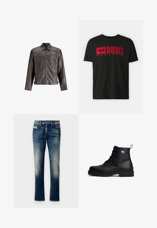 Brun læderjakke med krave, front lynlås og to sidelommer. Har kontrastsyninger og "DON'T HARD" broderi på brystet.; Sort bomulds t-shirt med rød "DIESEL" logo og "DENIM DIVISION" tekst. Korte ærmer, rund hals, glat tekstur, afslappet pasform.; Mørkeblå denim jeans med en falmet vask, lige snit, kontraststing, fem lommer og knaplukning i taljen.; Sort læder ankelstøvle med snørredesign, tekstureret overflade, tyk gummisål og et lille farvet logo-patch på ydersiden.