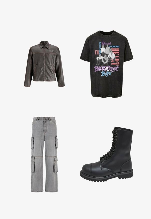 Braune Lederjacke mit Kragen, Frontreißverschluss und zwei seitlichen Taschen. Mit Kontrastnähten und "DON'T HARD"-Stickerei auf der Brust.; Schwarzes Baumwoll-T-Shirt mit einem grafischen Druck von fünf sitzenden Figuren und dem Text "Ich werde dein Herz niemals brechen" sowie "Backstreet Boys" in kräftigen Farben.; Graue Cargo-Hosen aus Denim; verfügen über mehrere Seitentaschen, einen lockeren Schnitt und kontrastierende Nähte entlang der Säume.; Schwarze Lederkampfstiefel mit hohem Schaft, Schnürung an der Vorderseite, gepolstertem Kragen und rutschfester, strukturierter Sohle für guten Halt. Mit verstärkter Zehenkappe.