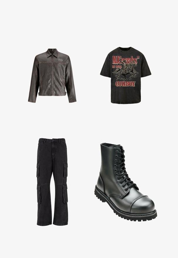 Bruine leren jas met een kraag, voorkant rits en twee zijzakken. Heeft contrasterende stiksels en 'DON'T HARD' borduring op de borst.; Zwarte graphic T-shirt met een cowboy op een paard, met "MJ Gonzales™ DE ORIGINELE COWBOY" in vette rode letters. Zacht katoen.; Zwarte cargobroek van denim, met een losse pasvorm, meerdere zijzakken en gestikte details. De textuur is iets vervaagd.; Zwarte leren combatboot met hoge enkel, ronde neus, vetersluiting aan de voorkant, en robuuste rubberen zool met diepe profiel voor grip.