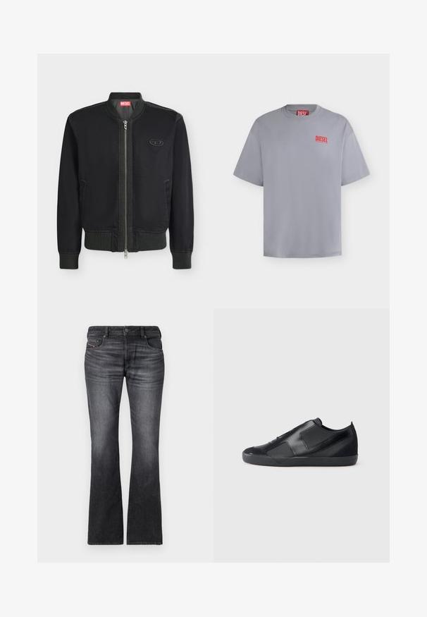 Veste bomber noire avec fermeture éclair à l'avant, col, poignets et taille côtelés, poches latérales et petit écusson logo sur la poitrine.; T-shirt gris clair à manches courtes de la marque Diesel avec un petit logo Diesel rouge sur la poitrine gauche et une étiquette rouge à l'intérieur du col.; Jean noir évasé en denim, présentant un délavage, cinq poches et une fermeture à bouton à l'avant avec des détails de couture contrastants.; Baskets noires au design élégant, fabriquées en cuir lisse avec des accents en daim. Présentent des panneaux angulaires et un bout arrondi. Semelle en caoutchouc.