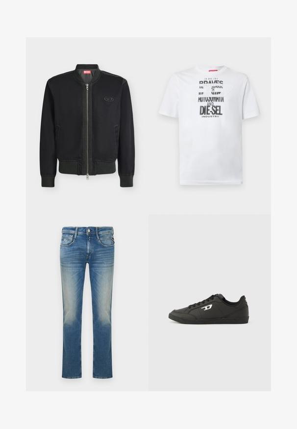 Veste bomber noire avec fermeture éclair à l'avant, col, poignets et taille côtelés, poches latérales et petit écusson logo sur la poitrine.; T-shirt en coton blanc avec une typographie noire audacieuse affichant les mots "BRAVES" et "DIE-SEL INDUSTRY" ainsi qu'un design découpé semi-transparent.; Jean en denim bleu délavé à jambes droites, avec poches avant, passants pour ceinture et une fermeture par bouton.; Baskets synthétiques noires avec une semelle noire texturée, un bout rond et des lacets plats noirs. Logo blanc remarquablement placé sur le côté extérieur.