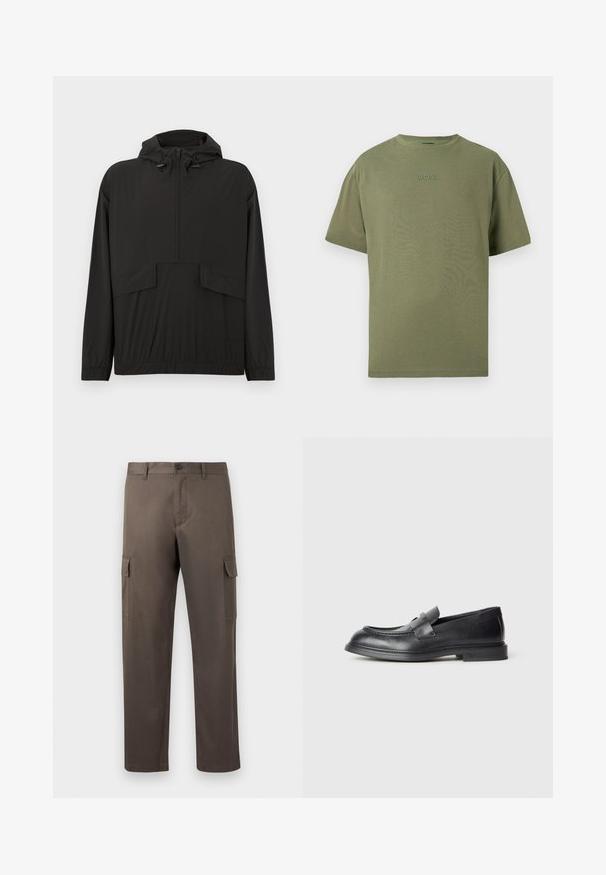 Veste imperméable noire avec capuche, fermeture à glissière partielle à l'avant, poignets élastiqués et deux poches avant. Texture lisse et coupe décontractée.; T-shirt vert olive à manches courtes en coton doux, avec un col rond et un logo "BOSS" discret embossé sur la poitrine. Texture lisse, design décontracté.; Pantalon cargo de couleur marron sourd, en tissu de coton lisse, avec des poches latérales et une coupe droite.; Mocassins en cuir noir avec une finition texturée, dotés d'une bride décorative à l'avant et d'un bout arrondi. Semelle en caoutchouc pour plus de durabilité.