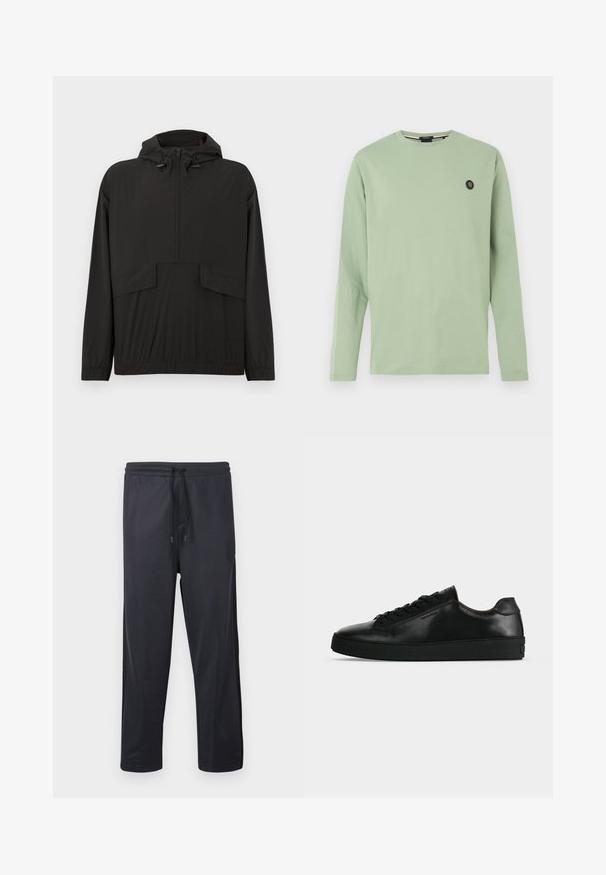 Veste imperméable noire avec capuche, fermeture à glissière partielle à l'avant, poignets élastiqués et deux poches avant. Texture lisse et coupe décontractée.; T-shirt à manches longues vert clair en coton doux. Comporte un col rond et un petit logo noir sur le côté gauche de la poitrine. Design simple.; Pantalon de survêtement bleu foncé avec une taille à cordon, des poches latérales, un tissu lisse et un détail de logo subtil sur le côté gauche.; Basket basse en cuir noir avec lacets noirs et semelle épaisse noire, vue de profil sur fond gris clair.