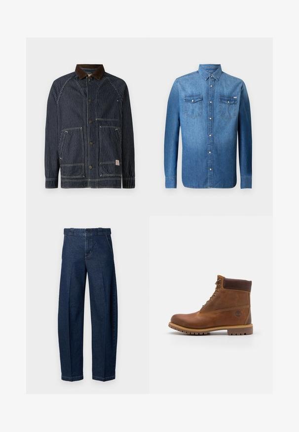 Veste de travail rayée marine avec un col en velours côtelé marron, dotée de deux poches avant et de fermetures à bouton, fabriquée en tissu durable.; Chemise en denim bleu moyen, avec des manches longues, une fermeture à boutons sur le devant, deux poches sur la poitrine et un col pointu classique.; Pantalons en denim bleu foncé avec jambes larges, taille haute et plis à l'avant. Dotés de coutures standard et d'une fermeture à bouton classique.; Botte de randonnée en cuir marron avec une finition lisse, cheville rembourrée, œillets en métal et semelle en caoutchouc dotée d'un motif de crampons robuste.