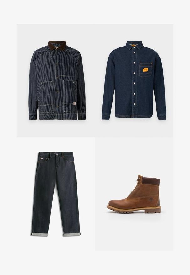 Veste de travail rayée marine avec un col en velours côtelé marron, dotée de deux poches avant et de fermetures à bouton, fabriquée en tissu durable.; Chemise en denim bleu foncé avec col boutonné, étiquette orange sur la poche poitrine et boutons blancs. Texture douce avec des détails de coutures contrastées.; Jean en denim bleu foncé avec revers roulés, cinq poches et coutures contrastées, posé à plat sur un fond blanc.; Botte de randonnée en cuir marron avec une finition lisse, cheville rembourrée, œillets en métal et semelle en caoutchouc dotée d'un motif de crampons robuste.