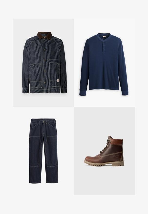 Veste de travail rayée marine avec un col en velours côtelé marron, dotée de deux poches avant et de fermetures à bouton, fabriquée en tissu durable.; Chemise henley à manches longues de couleur bleu marine en tissu côtelé. Présente un col rond et une patte de boutonnage à trois boutons. Les poignets sont ajustés.; Pantalons en denim bleu foncé avec des coutures doubles, un bouton frontal, des passants de ceinture et plusieurs poches à renfort sur les jambes.; Bottine en cuir marron à lacets, avec un col rembourré, des coutures contrastées et une semelle robuste, vue de l'extérieur sur un fond blanc.