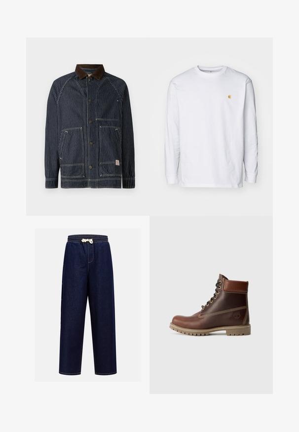 Veste de travail rayée marine avec un col en velours côtelé marron, dotée de deux poches avant et de fermetures à bouton, fabriquée en tissu durable.; T-shirt à manches longues blanc en coton. Présente un petit logo doré sur la poitrine et un col rond. Design simple et coupe standard.; Pantalons jogger en denim bleu foncé avec une taille élastique, un cordon de serrage et des poches latérales, présentant des détails de surpiqûres contrastées.; Bottine en cuir marron à lacets, avec un col rembourré, des coutures contrastées et une semelle robuste, vue de l'extérieur sur un fond blanc.