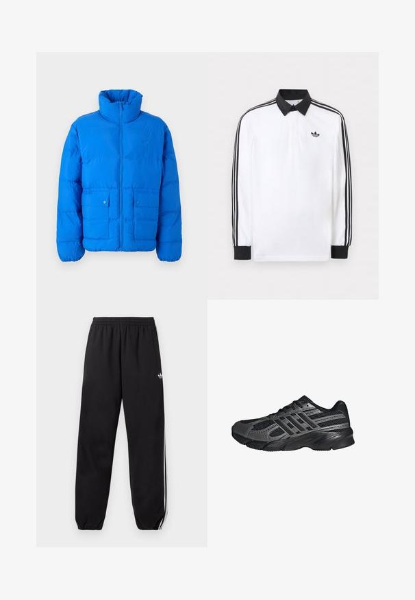 Chaqueta puff azul con un alto cuello, cierre frontal con cremallera y dos bolsillos con botón a presión. Presenta una textura acolchada y puños elásticos.; Polo blanco de manga larga con cuello negro, puños negros, diseño de tres rayas negras en las mangas y logo negro de Adidas en el pecho.; Pantalones de chándal negros Adidas con rayas blancas en los costados, cintura elástica y puños en los tobillos, con un pequeño logo en la parte superior del muslo.; Zapatillas deportivas negras hechas de malla y materiales sintéticos, que presentan una superficie texturizada, múltiples rayas grises y un collar acolchado.