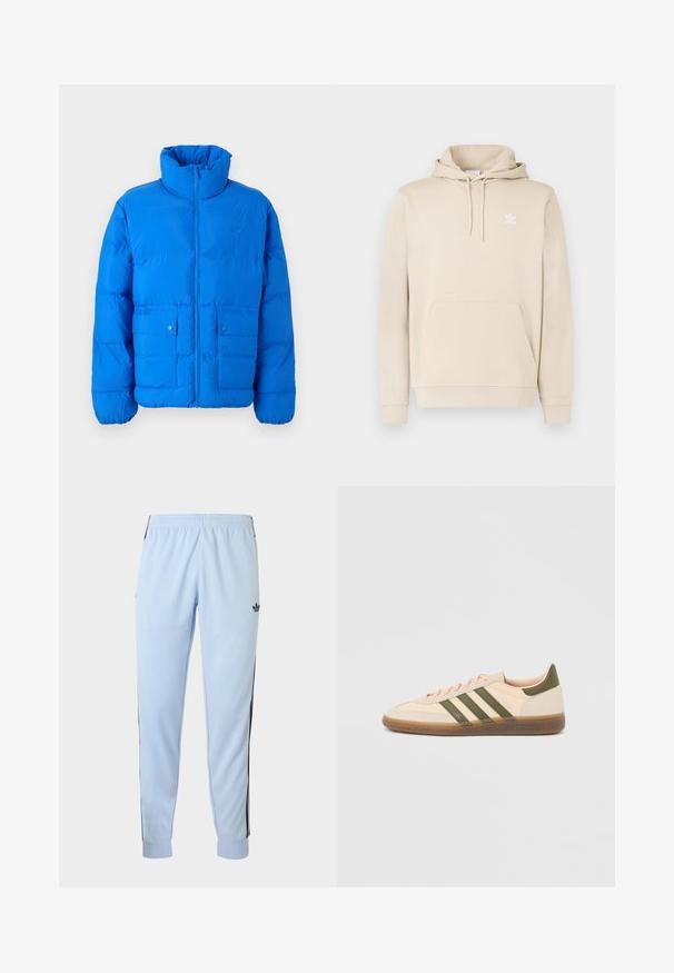 Blauwe pufferjack met een hoge kraag, voorkant met ritssluiting en twee drukknopzakken. Heeft een gewatteerde textuur en elastische manchetten.; Beige hoodie van zachte stof met een kangoeroezak, capuchon met trekkoord en een wit Adidas-logo op de borst. Lange mouwen met geribbelde boorden.; Lichtblauwe sportbroek met zwarte zijkstrepen, elastische tailleband, omgeslagen enkels en adidas-logo op de rechterdij.; Beige Adidas Spezial sneaker met een laag profiel, groene strepen, een gumkleurige zool en "SPEZIAL" branding aan de zijkant, gezien vanaf de buitenzijde.