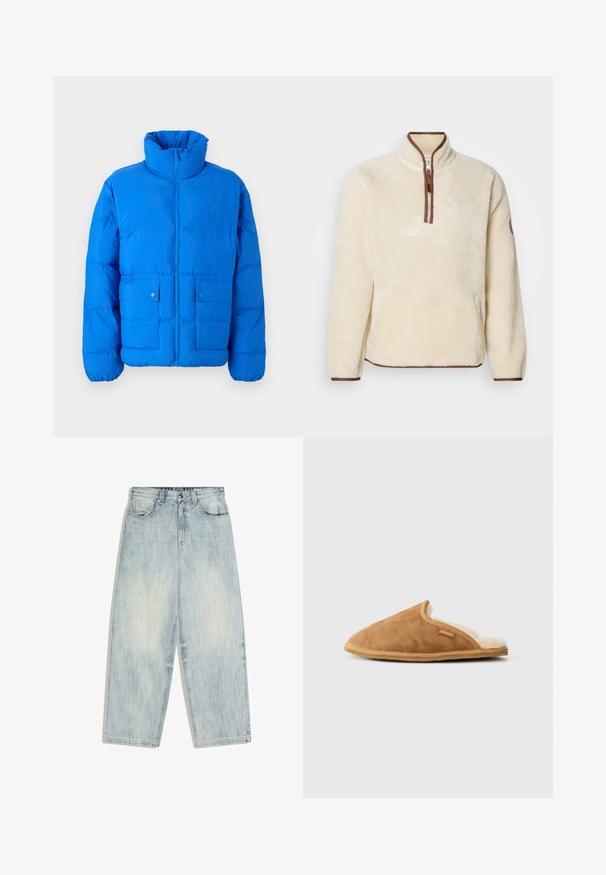Blå pufferjakke med høj krave, frontlynlåslukning og to knap-lommer. Har en quiltet tekstur og elastiske manchetter.; Cremefarvet fleece pullover med kvart lynlås; har brun kant ved krave og manchetter. Blød tekstur, afslappet pasform og sidelomme.; Lyseblå vidde cowboybukser med høj talje, knap- og lynlås foran samt lommer foran og bagpå.; Brune ruskinds-sko med en blød crème-foring, åben bagside og beige gummisål. Har et lille mærke på den øverste side.