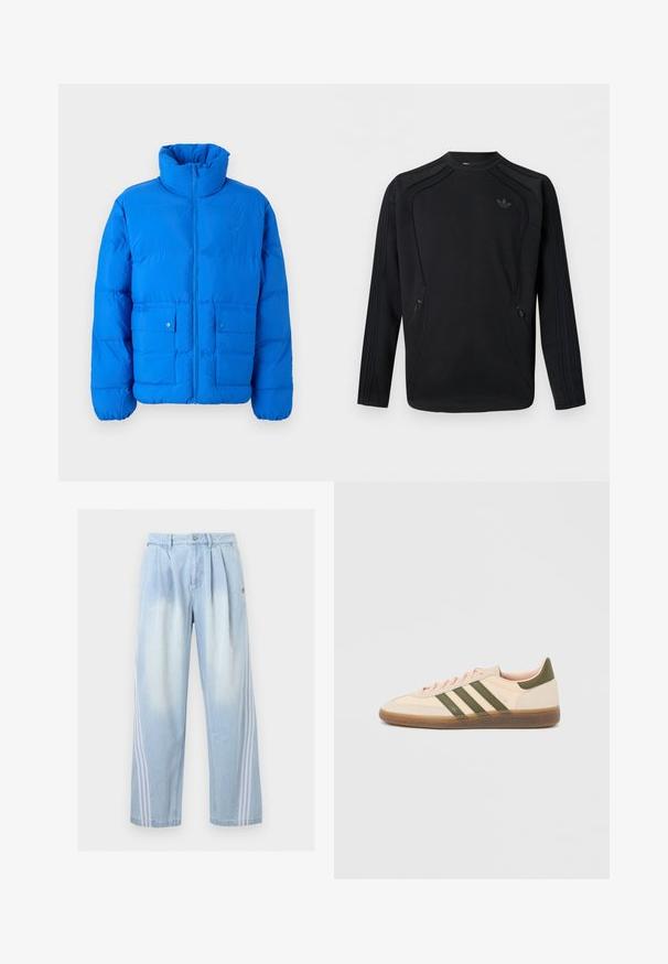 Blaue Steppjacke mit hohem Kragen, Frontreißverschluss und zwei Druckknopftaschen. Mit gestepptem Muster und elastischen Bündchen.; Schwarzer Langarm-Sweatshirt mit Rundhalsausschnitt und dezentem Adidas Trefoil-Logo auf der Brust sowie seitlichen Reißverschlusstaschen, mit aufgenähten Paneeldetails.; Hellblaue Jeans mit weißen Seitenstreifen, plissiertem Vorderteil, geknöpftem Bund und geradem Bein.; Flacher, beigefarbener Adidas Spezial Sneaker mit grünen Streifen, Gummisohle und "SPEZIAL" Schriftzug an der Seite, von der Außenseite gezeigt.