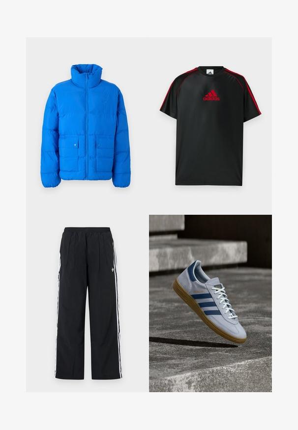 Blaue Steppjacke mit hohem Kragen, Frontreißverschluss und zwei Druckknopftaschen. Mit gestepptem Muster und elastischen Bündchen.; Schwarzes Sport-T-Shirt mit roten Akzenten und Logo. Hergestellt aus glattem, leichtem Stoff. Verfügt über einen Rundhalsausschnitt und kurze Ärmel.; Schwarze, weit geschnittene Hose mit weißen Seitenstreifen, elastischem Bund, vorderen Falten und Adidas-Logo am rechten Oberschenkel.; Hellblauer Adidas Spezial Sneaker mit dunkelblauen Streifen und Gummisohle, in der Luft über Betontreppen in neutralem Außenbereich gezeigt.