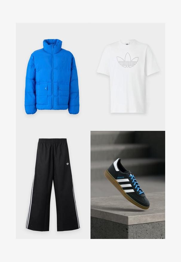 Blauwe pufferjack met een hoge kraag, voorkant met ritssluiting en twee drukknopzakken. Heeft een gewatteerde textuur en elastische manchetten.; Witte katoen T-shirt met een gestippeld zwart omtreklijn van een trefoil-logo aan de voorkant. Korte mouwen en een ronde hals.; Zwarte wijde trainingsbroek met elastische tailleband, witte zijstrepen en klein Adidas trefoil-logo op de rechterheup.; Zwarte Adidas-sneaker met witte strepen, blauwe veters en een gumzool die boven een grijze betonnen trede zweeft in zacht licht.