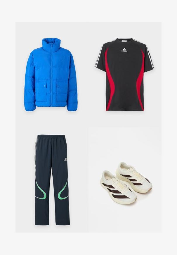 Sinine puff-jakk, millel on kõrge krae, ees lukuga ja kaks nööbiga taskut. Omab tikandit ja elastseid mansette.; Must lühikeste varrukatega T-särk, millel on punased küljesegmendid, valge Adidas logo rinnal ning valged triibud õlgadel. Valmistatud siledast kangast.; Tumed värvilised spordihapad, mis on valmistatud kerge kangaga, külgedel valged triibud ja rohelised käänakud. Elastne vöökoht mugavuseks.; Kerge kreemjas värvitoonis jooksutossud tumedate pruunide diagonaalribadega, tekstureeritud võrkkattega ülisoe ja pehmendustega tallaga. Omaduseks on kollane "ADIZERO" bränding.