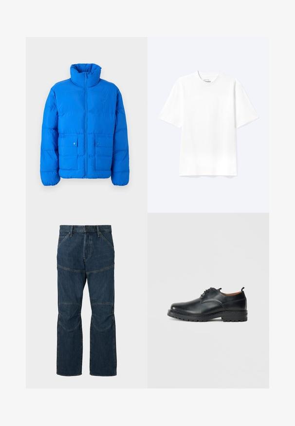 Blauwe pufferjack met een hoge kraag, voorkant met ritssluiting en twee drukknopzakken. Heeft een gewatteerde textuur en elastische manchetten.; Effen witte T-shirt met korte mouwen en ronde hals, met een losse pasvorm, weergegeven op een lichte achtergrond.; Donkerblauwe spijkerbroek van denim met versterkte kniepaneel, sluiting met vooraan knoop en rits, en voorzakken op een effen achtergrond.; Zwarte leren derby schoenen met een gladde textuur, ronde neus, vetersluiting en een dikke, robuuste rubberen zool.