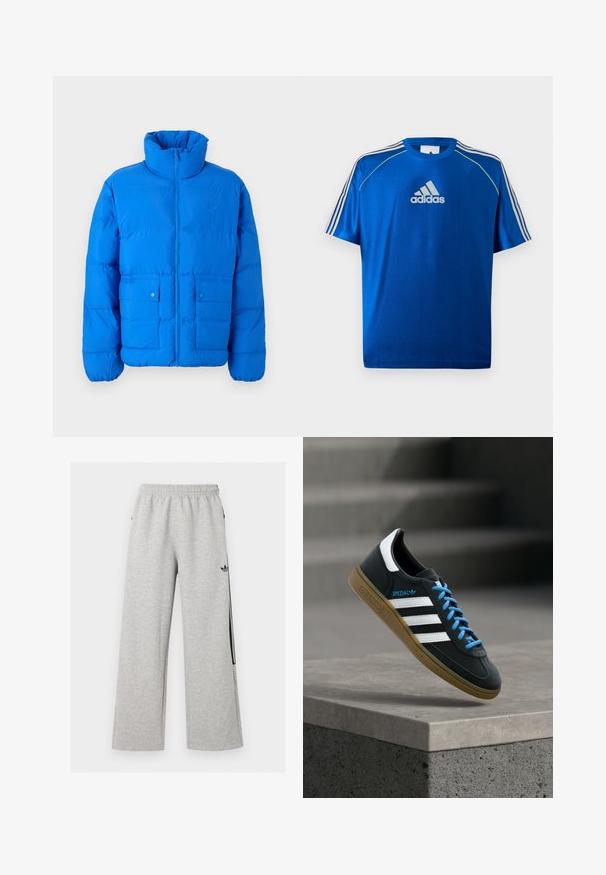 Blaue Steppjacke mit hohem Kragen, Frontreißverschluss und zwei Druckknopftaschen. Mit gestepptem Muster und elastischen Bündchen.; Blaues Adidas Sport-T-Shirt mit weißem Logo auf der Brust, weißen Streifen auf den Schultern und neon-gelber Paspelierung an den Schulternähten.; Hellgraue weite Sweatpants mit elastischem Bund und schwarzem Adidas Trefoil-Logo am rechten Oberschenkel.; Schwarzer Adidas-Sneaker mit weißen Streifen, blauen Schnürsenkeln und Gummisohle, der über einer grauen Betontreppe im weichen Licht schwebt.