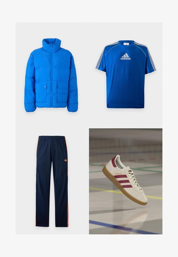 Blaue Steppjacke mit hohem Kragen, Frontreißverschluss und zwei Druckknopftaschen. Mit gestepptem Muster und elastischen Bündchen.; Blaues Adidas Sport-T-Shirt mit weißem Logo auf der Brust, weißen Streifen auf den Schultern und neon-gelber Paspelierung an den Schulternähten.; Marineblaue Sporthose mit orangen Seitstreifen, elastischem Bund, Reißverschluss-Vordertaschen und einem kleinen orangen Adidas-Logo am Oberschenkel.; Weißer adidas Spezial Sneaker mit kastanienbraunen Streifen und Fersenlasche, Gummisohle, geschnürt, schwebt über einem Turnhallenboden mit farbigen Linien.