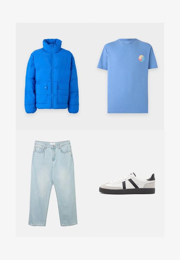 Blaue Steppjacke mit hohem Kragen, Frontreißverschluss und zwei Druckknopftaschen. Mit gestepptem Muster und elastischen Bündchen.; Hellblaues T-Shirt mit kurzen Ärmeln und kleinem rundem Grafikdruck eines Strand-Sonnenuntergangs und einer Welle auf der linken Brust.; Helle blaue Jeans aus Denim mit entspannter Passform, fünf Taschen, einem Knopfverschluss und subtilen Ausbleichungen. Die Textur ist glatt und leicht abgenutzt.; Weiße Sneaker mit schwarz- und grau-aczenten, ausgestattet mit einer strukturierten grauen Zehenkappe, schwarzer Gummi-Sohle und flachen weißen Schnürsenkeln. Sauberes Design, minimalistische Stil.