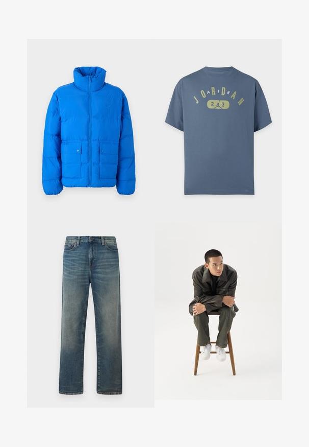 Blauwe pufferjack met een hoge kraag, voorkant met ritssluiting en twee drukknopzakken. Heeft een gewatteerde textuur en elastische manchetten.; Blauw T-shirt met korte mouwen met geelgroene "JORDAN" tekst gebogen boven een silhouet van een basketbalspeler en de cijfers 2 en 3.; Blauwe rechte jeans met vervaagde wassing, sluiting met knopen en ritssluiting aan de voorkant, en klassiek ontwerp met vijf zakken.; Jonge man in een donkere leren jas en spijkerbroek zit op een houten kruk, leunt naar voren met gekruiste armen en kijkt naar de zijkant tegen een witte achtergrond.