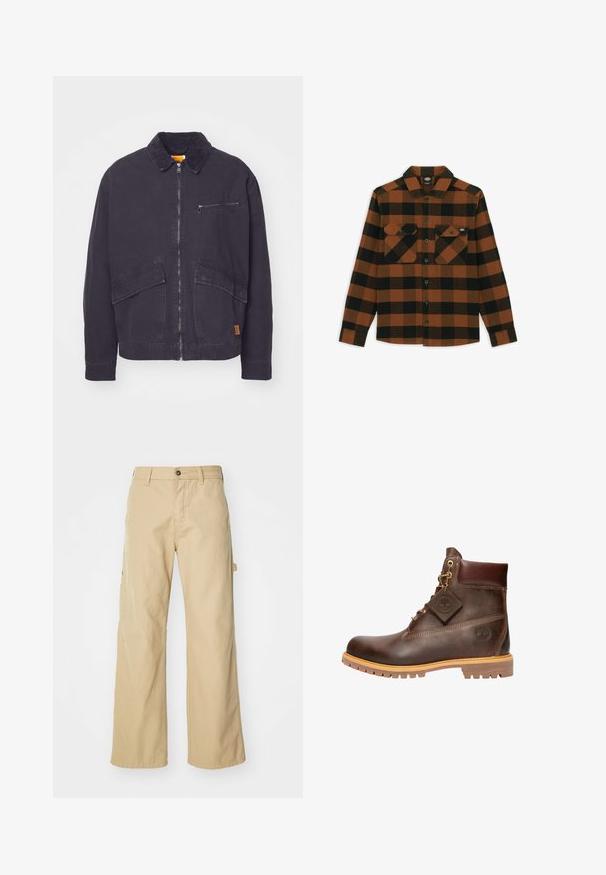 Veste bleu marine foncé avec un col en velours côtelé, fermeture éclair à l'avant et deux grandes poches plaquées. Comprend une poche poitrine zippée et un branding discret.; Chemise à manches longues en motif écossais orange et noir, fabriquée dans un tissu texturé. Comprend deux poches poitrine et une fermeture à boutons.; Pantalons cargo larges beiges avec fermeture à bouton, dotés de poches latérales, fabriqués en coton robuste, avec une texture lisse et un design droit.; Bottine en cuir marron avec un bout rond, une semelle robuste, des éléments en doré et un dessus texturé. Comprend une étiquette de logo attachée.