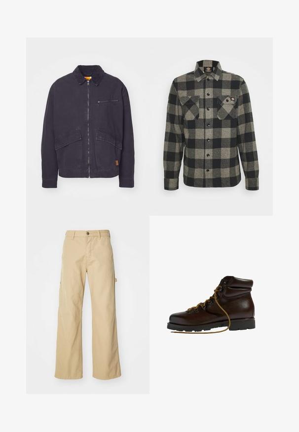 Donkerblauwe jas met een corduroy kraag, voorzijde met ritssluiting en twee grote opgestikte zakken. Bevat een ritssluiting op de borst en subtiele branding.; Zwart en grijs geblokt flanellen shirt met lange mouwen, knoopsluiting aan de voorkant, twee borstzakken en een licht gebogen zoom. Gegarneerde stof.; Beige wijde cargo broek met een knoopsluiting, voorzien van zijzakken, gemaakt van stevig katoen, met een soepele textuur en een recht gesneden ontwerp.; Bruine leren wandelschoen met een ronde neus, gestructureerd oppervlak, gele veters en metalen oogjes. Heeft een robuuste zwarte rubberen zool.