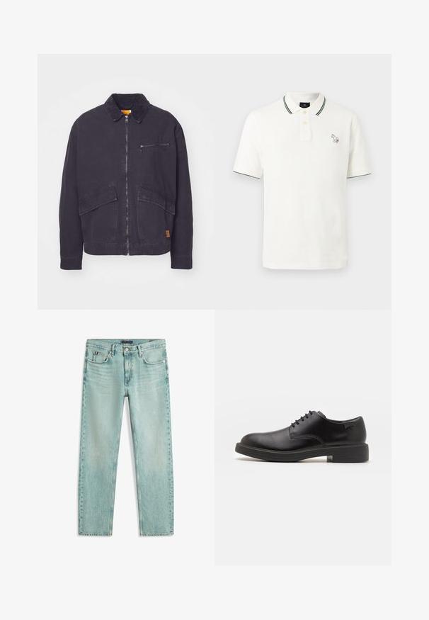 Chaqueta azul marino oscura con cuello de pana, cierre frontal con cremallera y dos grandes bolsillos de parche. Cuenta con un bolsillo en el pecho con cremallera y un logo sutil.; Camiseta polo blanca de manga corta con borde verde oscuro en el cuello y las mangas, dos botones en la parte delantera y pequeño logo bordado multicolor de un caballo en el pecho.; Vaqueros azul claro de pierna recta con bolsillos delanteros, trabillas para el cinturón, cierre de botón y detalles sutiles de desgaste.; Zapato negro de cuero con cordones, punta redondeada, textura suave, costuras mínimas y tacón bajo de goma. Logo en el tacón.