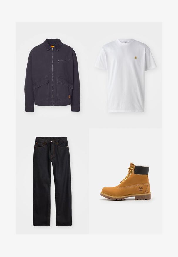 Donkerblauwe jas met een corduroy kraag, voorzijde met ritssluiting en twee grote opgestikte zakken. Bevat een ritssluiting op de borst en subtiele branding.; Witte katoenen t-shirt met korte mouwen en ronde hals, voorzien van een klein gouden logo op de linkerkant van de borst. Zachte textuur en een normale pasvorm.; Heren straight-leg zwarte denim jeans met vijf zakken en oranje stiksels, knoop- en ritssluiting op de voorkant van de tailleband.; Bruine leren enkellaars met metalen oogjes, witte faux bont voering, zwarte gewatteerde kraag, robuuste zool en een reliëflogo aan de zijkant.