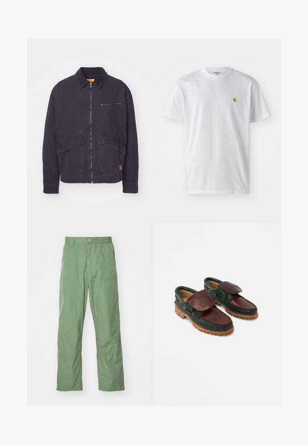 Donkerblauwe jas met een corduroy kraag, voorzijde met ritssluiting en twee grote opgestikte zakken. Bevat een ritssluiting op de borst en subtiele branding.; Witte katoenen t-shirt met korte mouwen en ronde hals, voorzien van een klein gouden logo op de linkerkant van de borst. Zachte textuur en een normale pasvorm.; Lichtgroene, comfortabele broek met een soepele textuur, voorzien van zijzakken en zichtbare stiksels. Volledige lengte met een rechte pasvorm.; Leren schoenen met een donkergroene body en een wijnrode bovenkant, een ronde neus, een beveiligde klep en een gestructureerde rubberen zool met groeven.