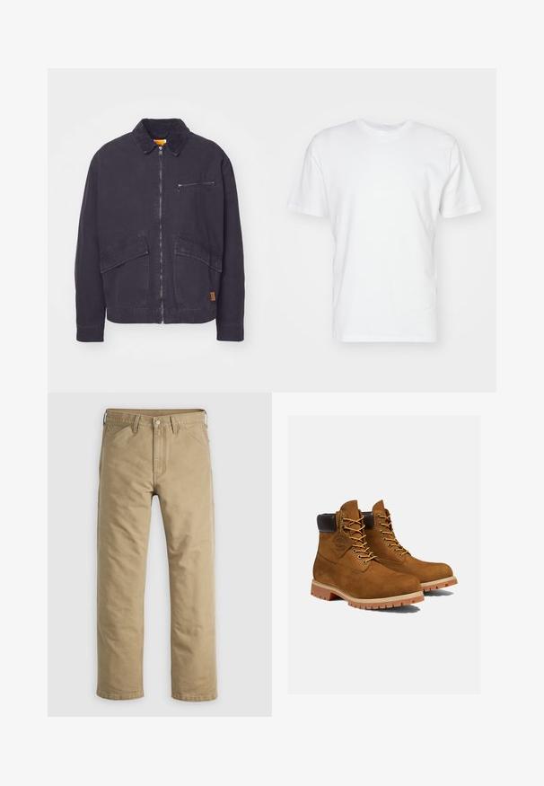 Veste bleu marine foncé avec un col en velours côtelé, fermeture éclair à l'avant et deux grandes poches plaquées. Comprend une poche poitrine zippée et un branding discret.; T-shirt en coton blanc à manches courtes, encolure ronde et texture lisse. Design simple sans motifs ni graphiques.; Pantalon en coton kaki avec un design à jambe droite, poches avant et fermeture par bouton. Texture lisse et coutures renforcées pour une durabilité accrue.; Bottines en daim marron avec un col rembourré noir, œillets dorés et semelle en caoutchouc épais avec un motif à crampons pour l'adhérence.