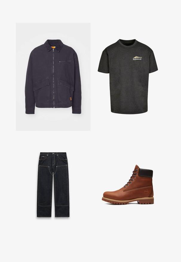 Chaqueta azul marino oscura con cuello de pana, cierre frontal con cremallera y dos grandes bolsillos de parche. Cuenta con un bolsillo en el pecho con cremallera y un logo sutil.; Camiseta de algodón gris oscuro con mangas cortas, cuello redondo y logo delantero en blanco y dorado. Textura suave y corte relajado.; Vaqueros negros de pierna recta con parches reforzados en las rodillas, costuras amarillas visibles, bolsillos delanteros y traseros, y cierre de botones en la cintura.; Bota marrón de cuero con cordones, cuello acolchado negro, suela gruesa color beige y logo de árbol en relieve en el lateral del talón.
