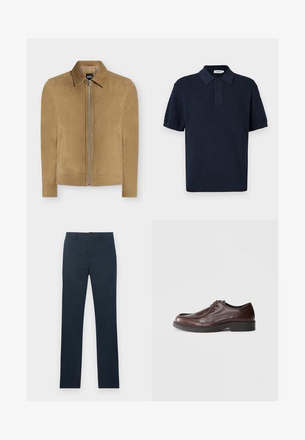 Veste en daim beige avec fermeture éclair, col et deux poches latérales, présentée sur fond blanc uni. Étiquette BOSS visible à l'intérieur du col.; Polo texturé bleu marine à manches courtes avec patte de boutonnage trois boutons et col et poignets côtelés.; Pantalon bleu marine coupe slim avec passants de ceinture, fermeture par bouton et devant plat, présenté sur un fond clair uni.; Chaussure habillée en cuir marron avec un bout arrondi, des accents de couture minimum, et une semelle noire robuste. Présente un système de laçage et une texture lisse.