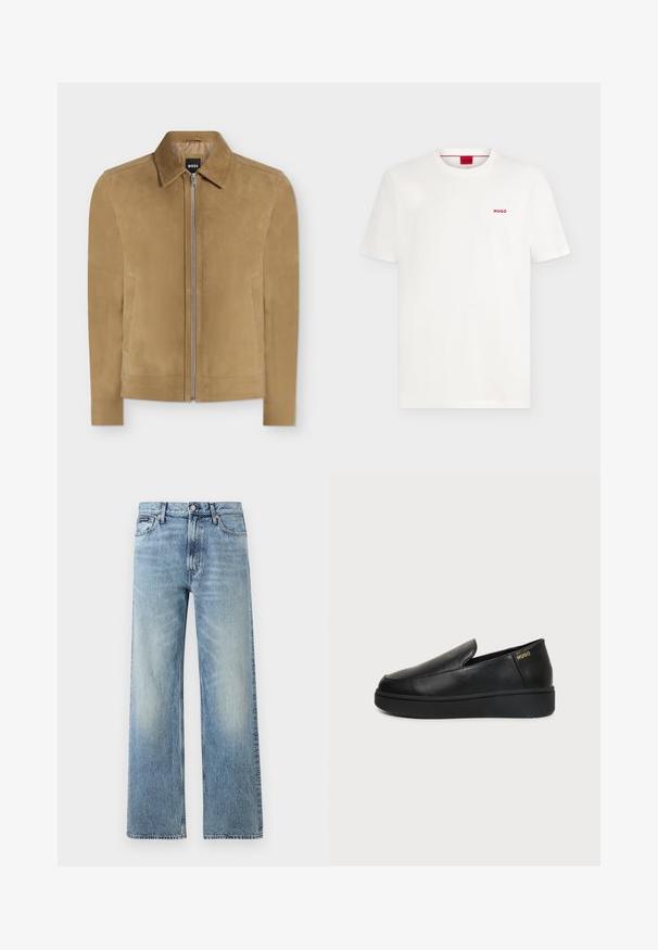 Veste en daim beige avec fermeture éclair, col et deux poches latérales, présentée sur fond blanc uni. Étiquette BOSS visible à l'intérieur du col.; T-shirt blanc uni à manches courtes et col rond avec petit logo rouge "HUGO" sur la poitrine gauche et une étiquette rouge à l'intérieur du col.; Jean droit en denim bleu clair avec taille haute, cinq poches, fermeture à boutons et léger délavage sur les cuisses et les genoux.; Chaussure noire en cuir à enfiler avec semelle épaisse et petits trous de ventilation latéraux, avec un logo doré "HUGO" près du talon.