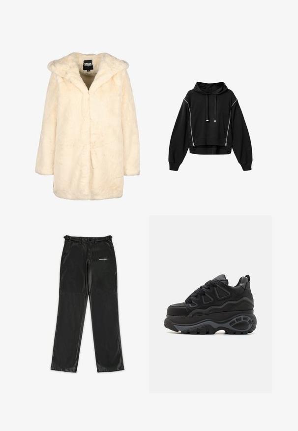 Manteau en fausse fourrure crème avec capuche, manches longues et coupe décontractée. Caractérisé par une texture douce et une ouverture frontale sans fermetures visibles.; Sweat à capuche court noir avec manches longues, cordons à l'avant et deux fermetures éclair argentées verticales de chaque côté.; Pantalons en simili cuir noir au design élégant, avec un logo sur le côté gauche, des jambes droites et des passants de ceinture traditionnels.; Buffalo Chaussures de skate - black