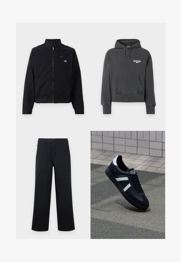 Schwarze Jacke aus Baumwolle mit einem Reißverschluss vorne, spitzem Kragen und einer Brusttasche. Enthält ein Logo auf der linken Seite in der Nähe der Tasche.; Dunkelgrauer Kapuzenpullover mit Fronttasche und kleinem "Service Works"-Logo auf der linken Brust.; Schwarze weit geschnittene Hose mit aufgesetzten vorderen Taschen, Gürtelschlaufen und Knopfverschluss, vor neutralem Hintergrund dargestellt.; Schwarze Leder-Sneaker mit weißen Streifen, strukturiertem Gummisohle und Schnürung. Verfügt über ein Markenetikett auf der Zunge.