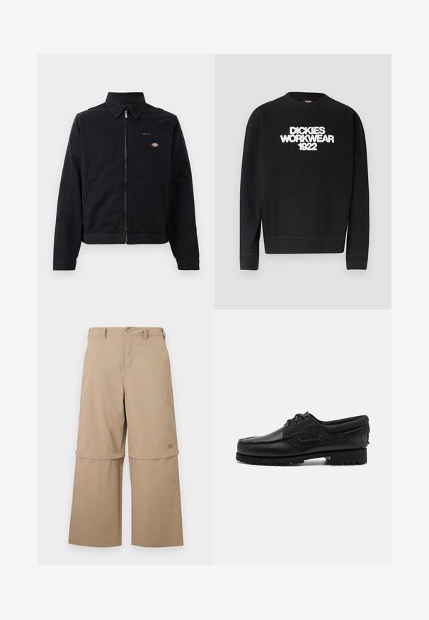 Schwarze Jacke aus Baumwolle mit einem Reißverschluss vorne, spitzem Kragen und einer Brusttasche. Enthält ein Logo auf der linken Seite in der Nähe der Tasche.; Schwarzer Rundhalsausschnitt-Pullover mit weißem, strukturiertem Text "DICKIES WORKWEAR 1922" auf der Brust, gerippte Bündchen und Saum.; Beige Cargo-Hose zum Wenden mit abnehmbaren unteren Hosenbeinen, Gürtelschlaufen, Seitentaschen und Knopfverschluss, dargestellt vor weißem Hintergrund.; Schwarzer Schuh mit einem Obermaterial aus Leder, textilen Akzenten, runden Schnürsenkeln und einer strukturierten Gummisohle. Verfügt über Mokassin-Nähte und eine Markeninschrift.