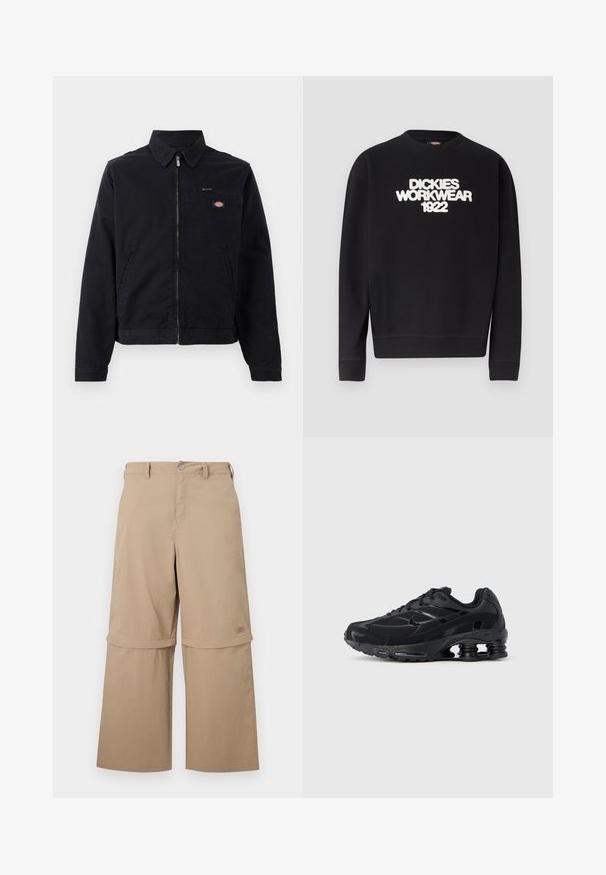Schwarze Jacke aus Baumwolle mit einem Reißverschluss vorne, spitzem Kragen und einer Brusttasche. Enthält ein Logo auf der linken Seite in der Nähe der Tasche.; Schwarzer Rundhalsausschnitt-Pullover mit weißem, strukturiertem Text "DICKIES WORKWEAR 1922" auf der Brust, gerippte Bündchen und Saum.; Beige Cargo-Hose zum Wenden mit abnehmbaren unteren Hosenbeinen, Gürtelschlaufen, Seitentaschen und Knopfverschluss, dargestellt vor weißem Hintergrund.; Schwarzer Sportschuh mit Obermaterial aus Mesh, gepolstertem Kragen und hervorgehobener Dämpfungstechnologie an der Ferse. Verfügt über strukturierte Akzente und Schnürsenkel.