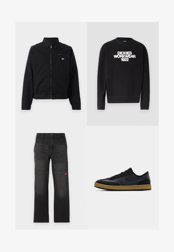 Schwarze Jacke aus Baumwolle mit einem Reißverschluss vorne, spitzem Kragen und einer Brusttasche. Enthält ein Logo auf der linken Seite in der Nähe der Tasche.; Schwarzer Rundhalsausschnitt-Pullover mit weißem, strukturiertem Text "DICKIES WORKWEAR 1922" auf der Brust, gerippte Bündchen und Saum.; Schwarze Denim-Arbeitshose mit doppelten Kniepaneelen und einem kleinen roten Logopatch am rechten Bein, gerader Schnitt und Bund mit Knopfverschluss.; Schwarze Ledersneaker mit niedrigem Design, Schnürverschluss, Gummisohle und gummikolorierten Akzenten. Verfügt über ein seitliches Logo und strukturierte Materialien.