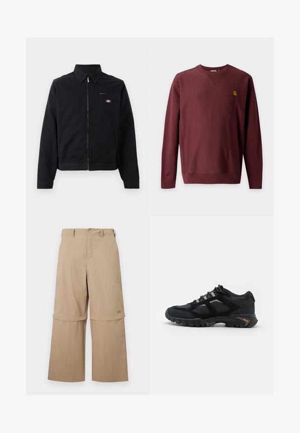 Zwarte jas van katoen met een rits aan de voorkant, een puntige kraag en een borstzak. Bevat een logo aan de linkerkant, nabij de zak.; Bordeauxkleurige sweatshirt met lange mouwen en ronde hals, geribde manchetten en zoom, met een klein geel logo op de linkerborst.; Beige cargo-broek met afritsbare pijpen, riemlussen, zijzakken en knoopsluiting, afgebeeld op een witte achtergrond.; Zwarte buitenschoen van suede en mesh met een robuuste zool. Voorzien van grijze accenten en Vibram-logo op de zijkant. Vetersluiting.